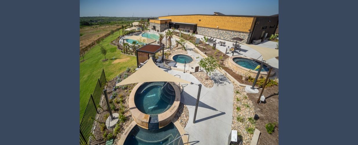 Pools and awnings at WorldSprings in The Colony